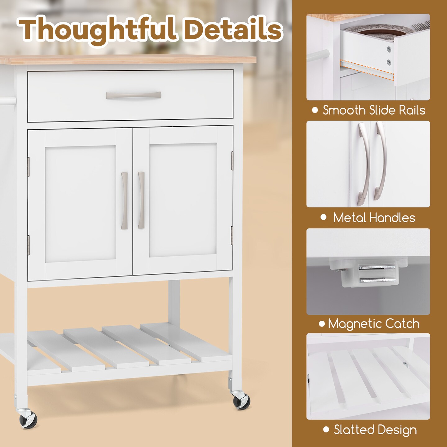 Rolling Kitchen Island Cart with Storage Cabinet Pull-Out Drawer Bottom Tray and Smooth Casters