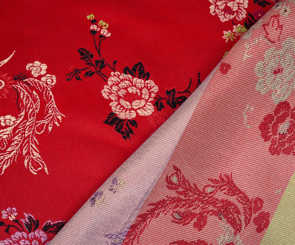 Red-Black-Multi Polyester Floral Dragon Chinese Brocade Woven Fabric By the Yard