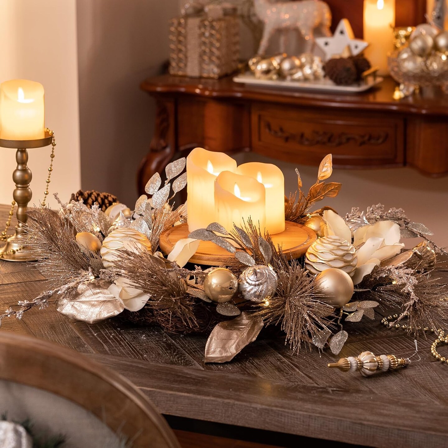 Pre-Lit Large Lighted Christmas Wreath for Front Door (White,Gold) 4"D x 24"W x 24"H