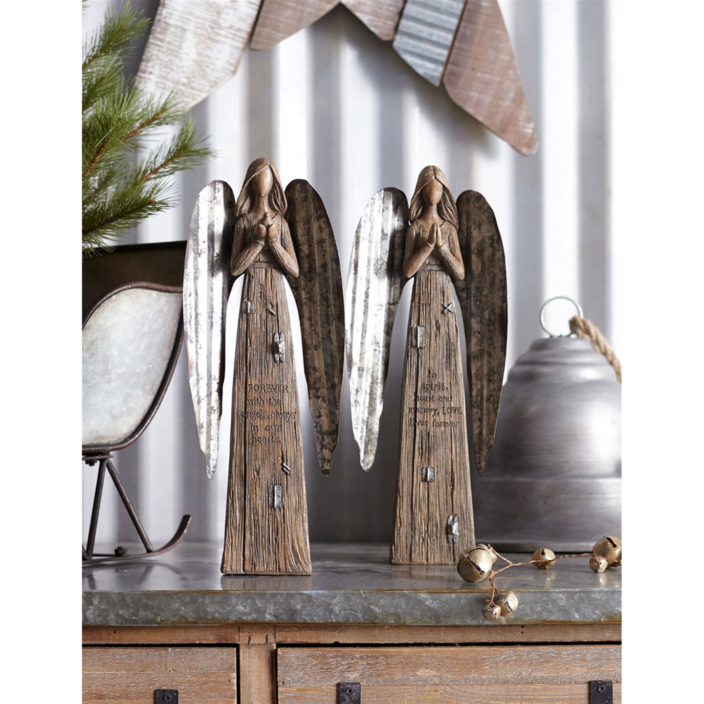 Melrose Rustic-Style Remembrance Angel Figurine Decorations - 13.75&#x22; - Set of 2