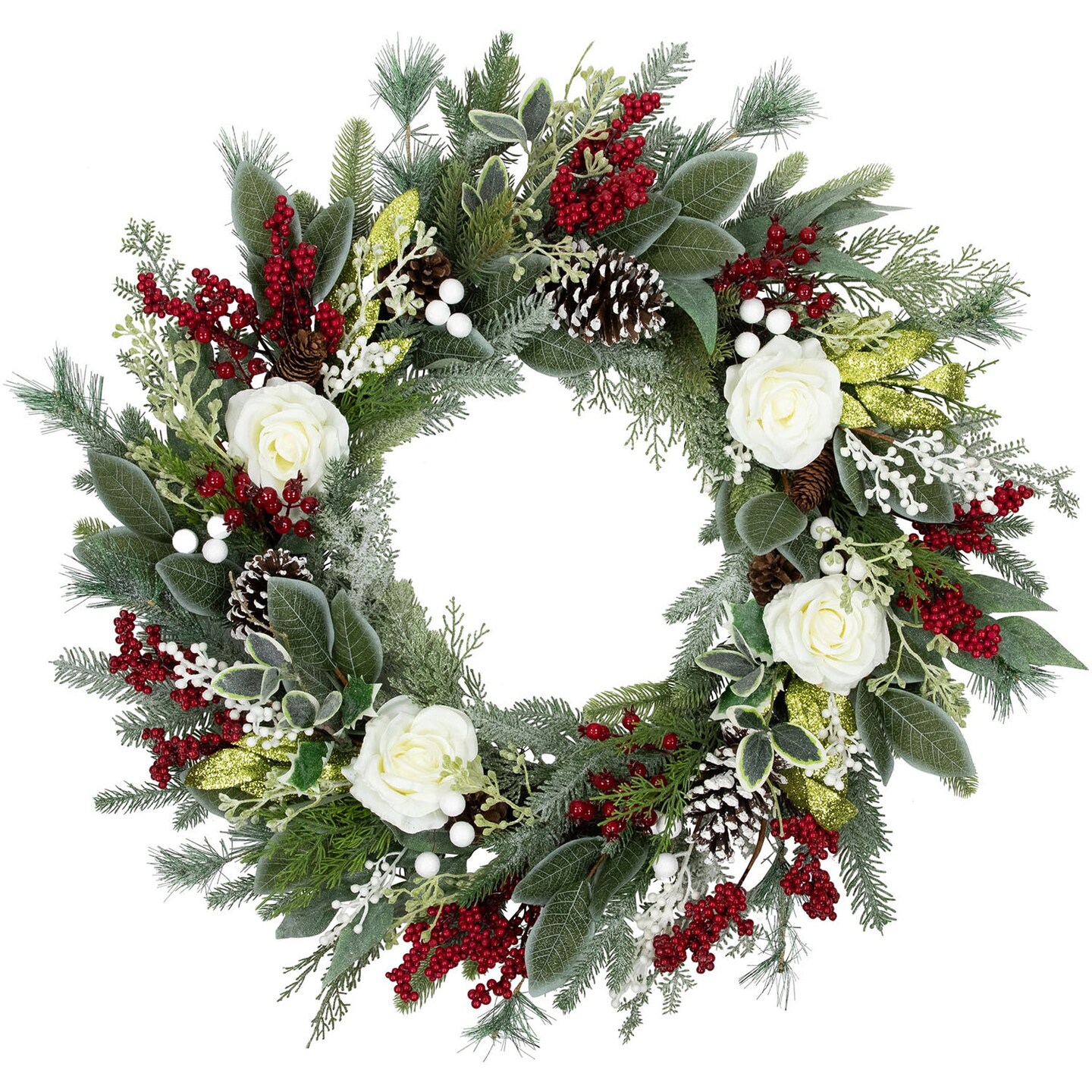 30&#x201D; Mixed Foliage &#x26; Rose Artificial Christmas Wreath