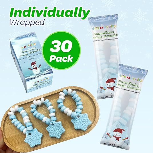 4E's Novelty Christmas Candy Bracelets - 30-Pack Christmas Shapes Bulk Candies Individually Wrapped, Fun Christmas Stocking Stuffers & Party Favor Candy for Kids, Blueberry Candies Bracelet