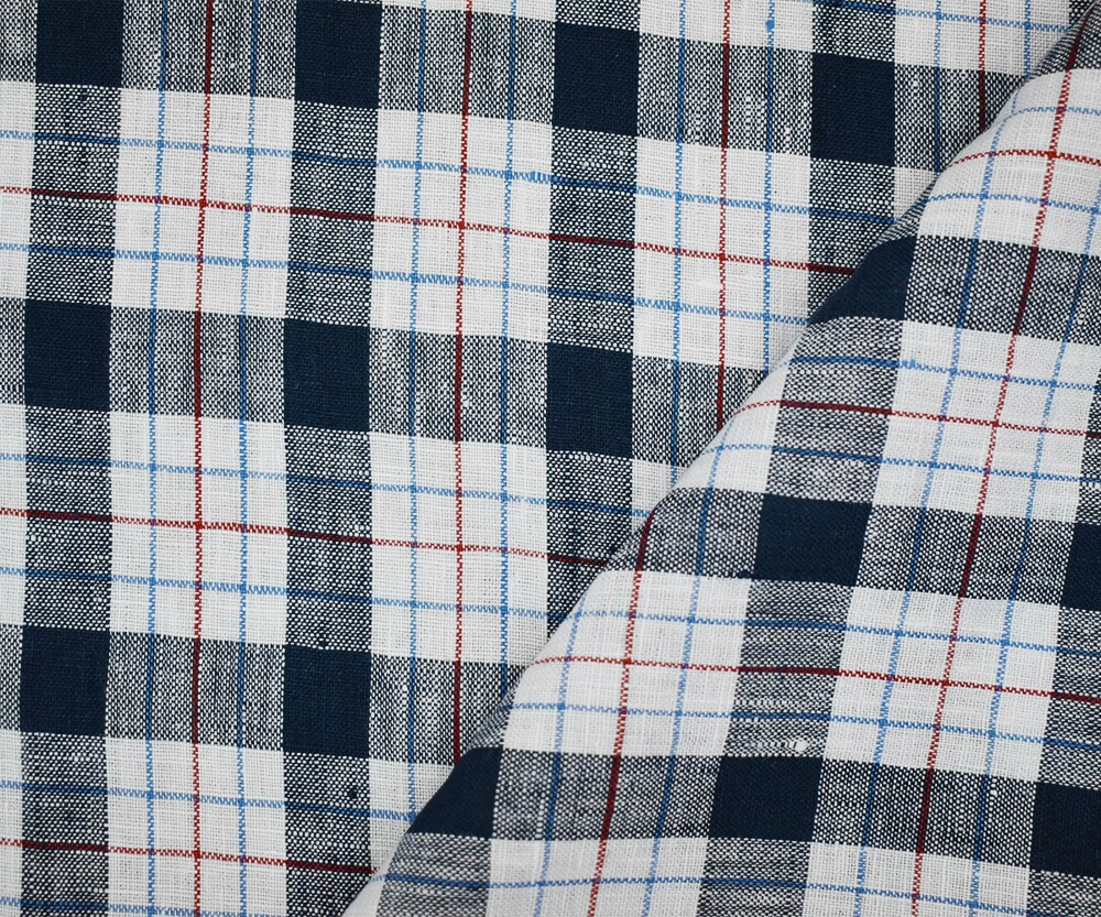 Navy-White-Red Moygashel Washed Plaid Irish Linen Woven Fabric By the Yard