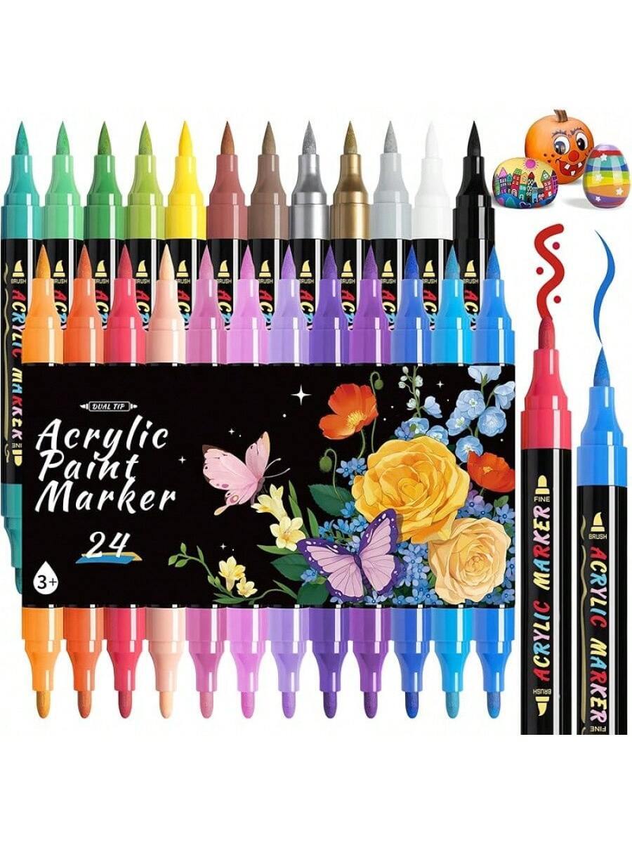 Dual-Tip Acrylic Paint Markers 24 Colors, Paint Pens with Fine Tip and Brush Tip