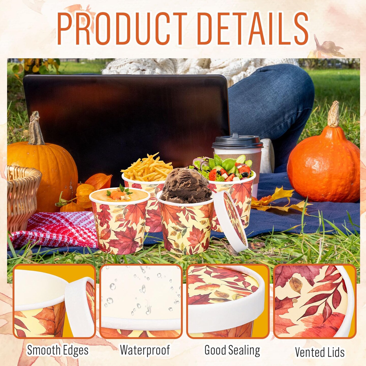 50Pcs 12Oz Fall Maple Leaf Kraft Paper Soup Containers with Lids Autumn Paper Food Bows Disposable Cups for Thanksgiving Party Storing Food Carrying Out