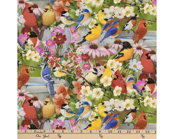 Songbirds and Flowers Digital Cotton Print Fabric | By the Yard | Sewing and Crafting | 44 inches wide