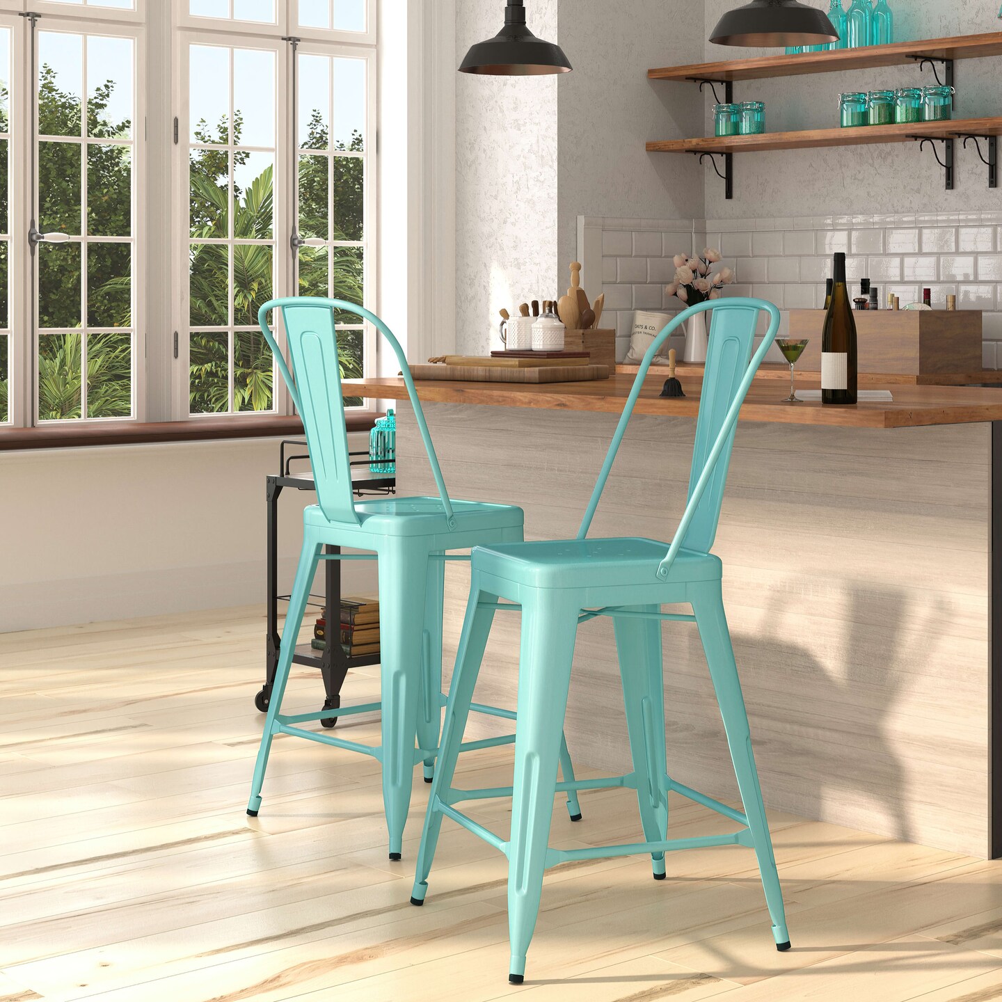 Merrick Lane Stella 24" Metal Indoor-Outdoor Counter Stool with Vertical Slat Back and Integrated Footrest