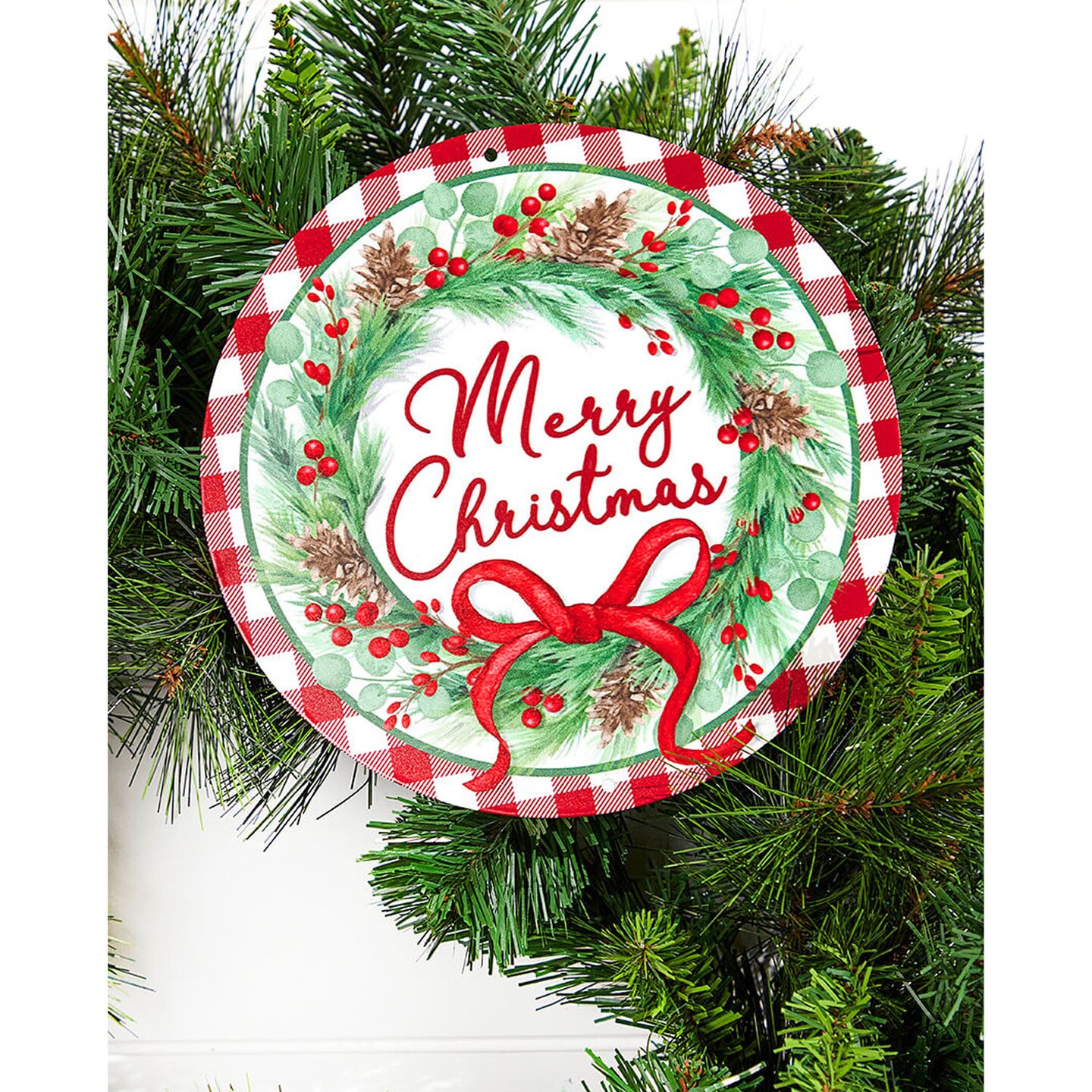 8" Metal "Merry Christmas" Sign with Wreath Rustic Holiday Wall or Door Décor