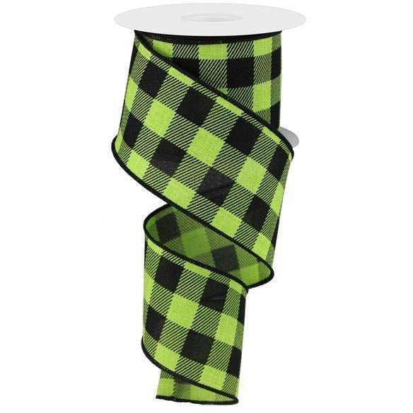 2.5&#x22; Checked Plaid Ribbon: Lime Green &#x26; Black (10 Yards)