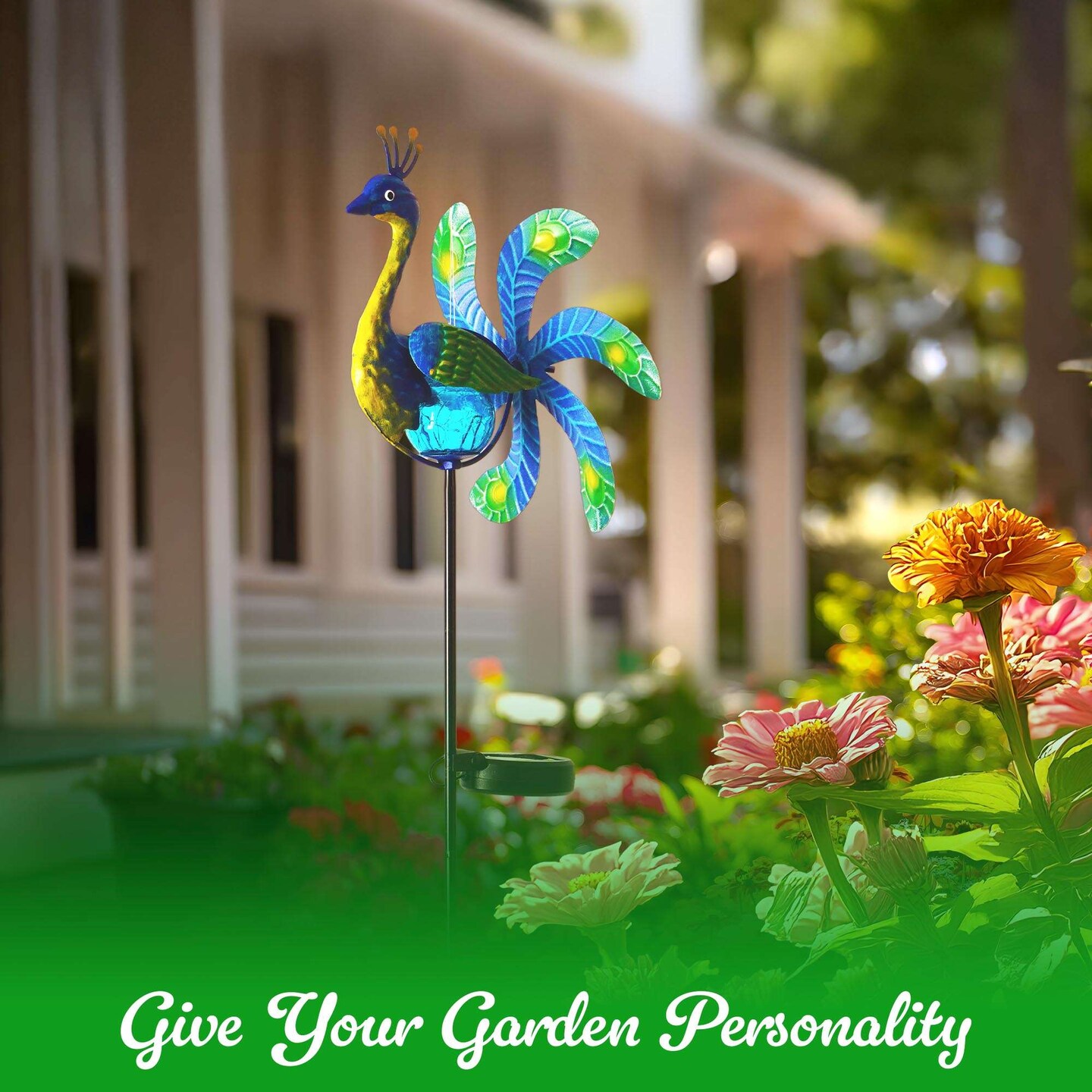 G128 Solar Peacock Metal Yard Wind Spinner Stake | Outdoor 38 inch Peacock Statue with LED Lights Decorations Swivel Wind Spinner for Patio Garden Backyard