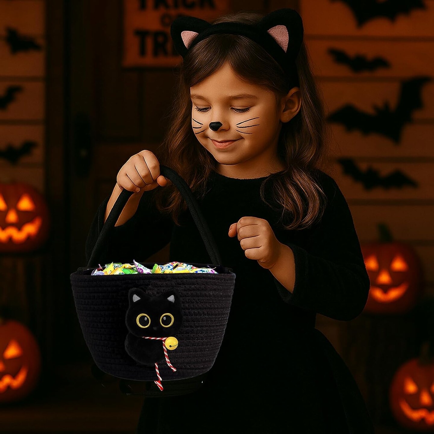 Trick or Treat Bag with Black Cat Bat Halloween Bucket (Black) - &#x200E;8.7 x 8.7 x 6.3 inches