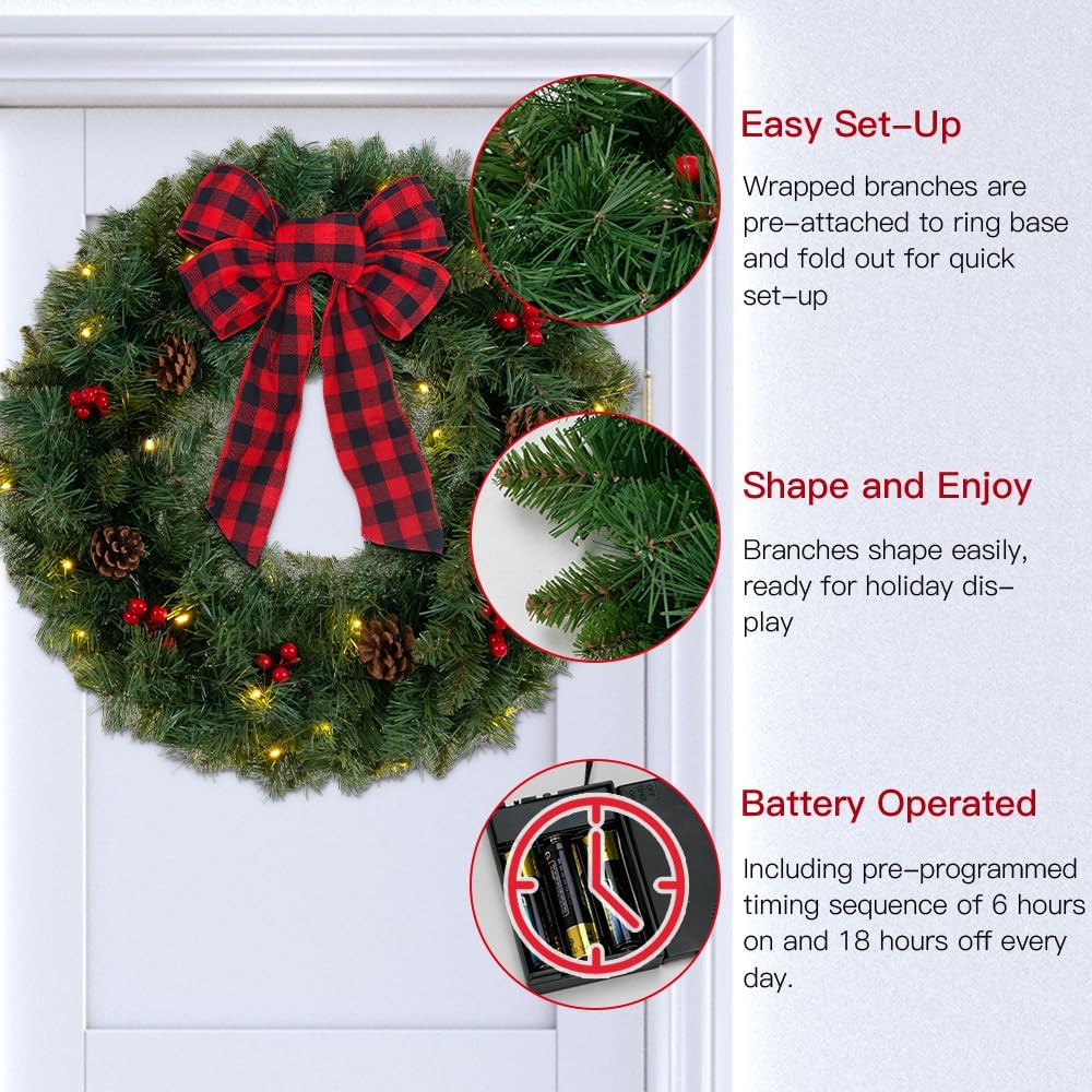 30 LED Lights Christmas Wreaths for Front Door (Dwpw-6034) 10&#x22;D x 24&#x22;W x 24&#x22;H