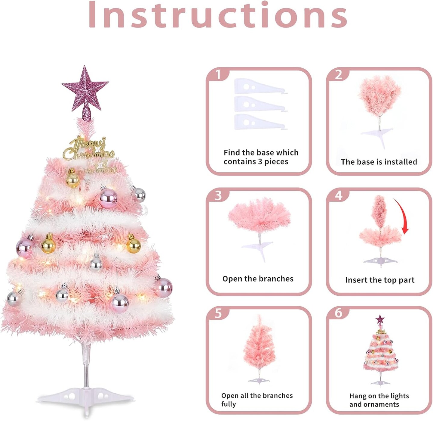, Artificial Small Desktop Xmas Tree with Lights and Tree Ornaments (Pink) 6.89&#x22;D x 3.94&#x22;W x 16.93&#x22;H