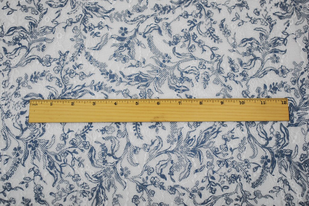 White-Blue Nylon Floral Vine Printed Lace Mesh Knit Fabric By the Yard