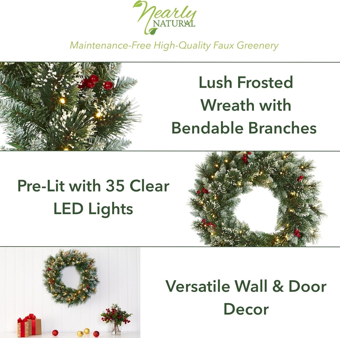 24in. Frosted Swiss Pine Artificial Wreath with 35 Clear LED Lights (Green) 5&#x22;D x 24&#x22;W x 24&#x22;H