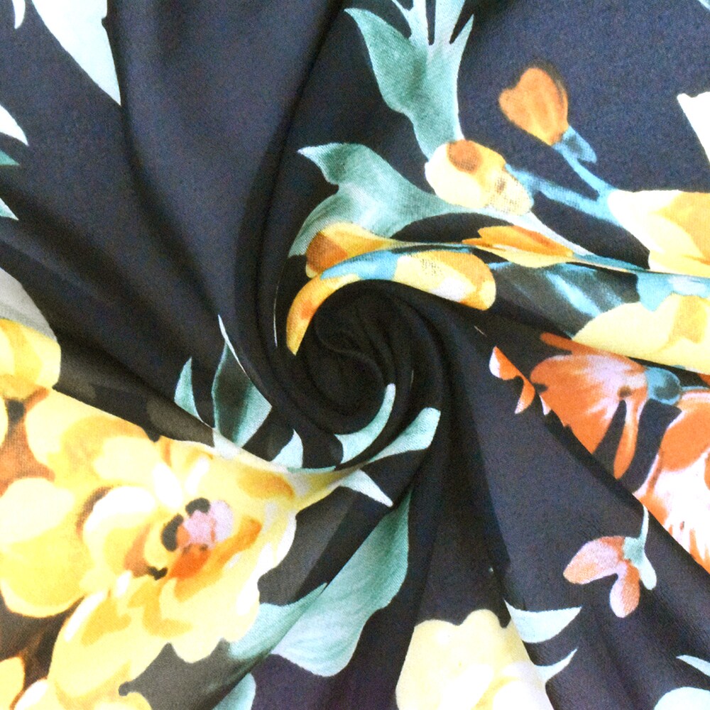 Black-Multi Famous Designer Floral Print Viscose Chiffon Woven Fabric By the Yard