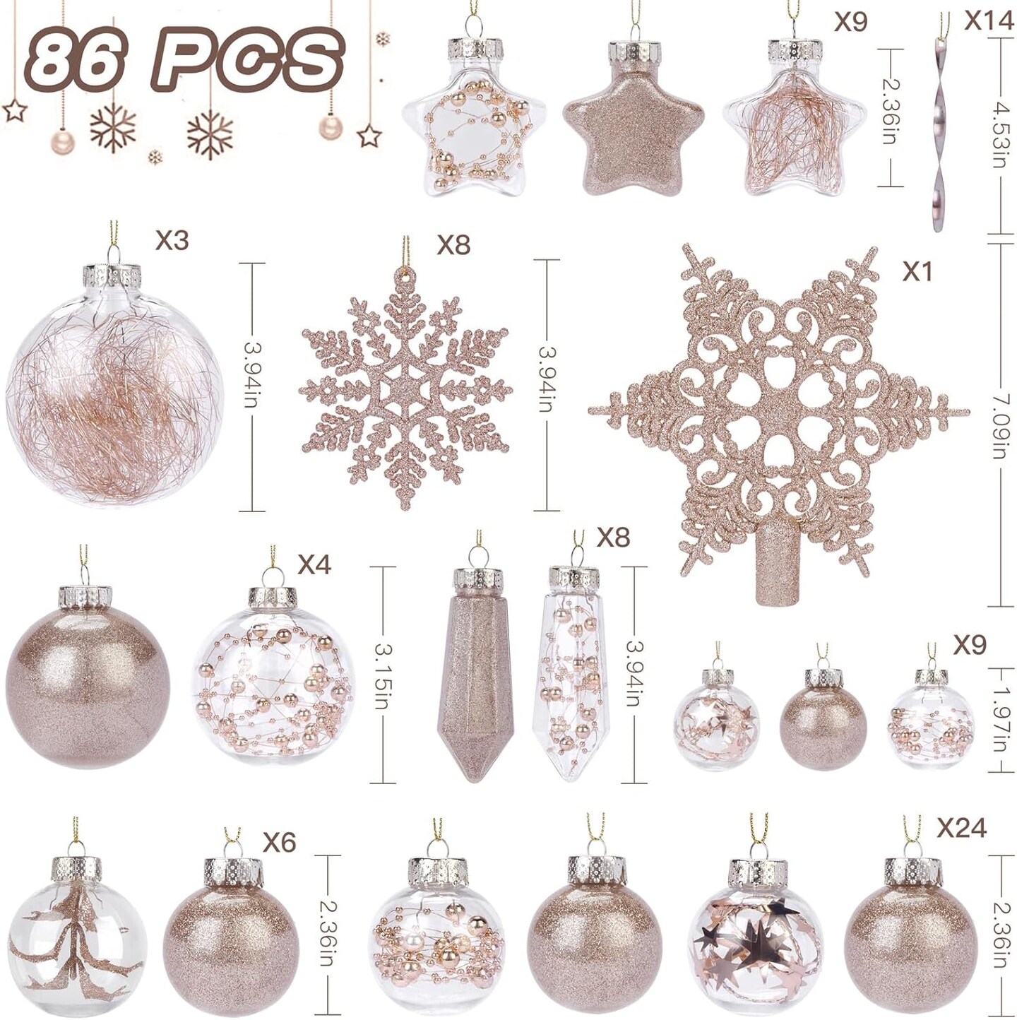 86PCS Christmas Tree Ball Ornaments Clear Set (Champagne) - 14.69 x 7.32 x 9.53 inches