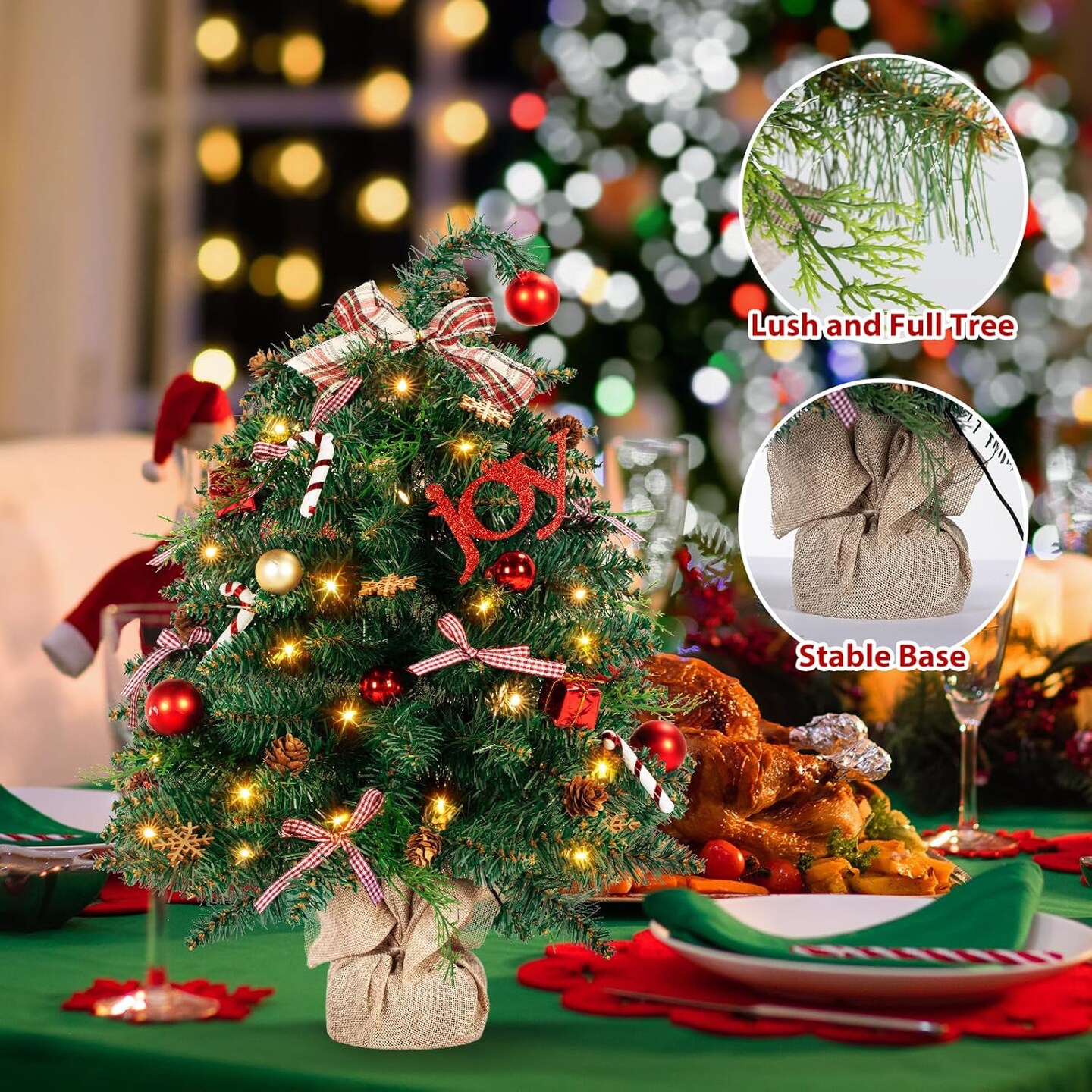 24 Inch Mini Christmas Tree with Lights and Timer (Classic Red) 15&#x22;D x 15&#x22;W x 24&#x22;H