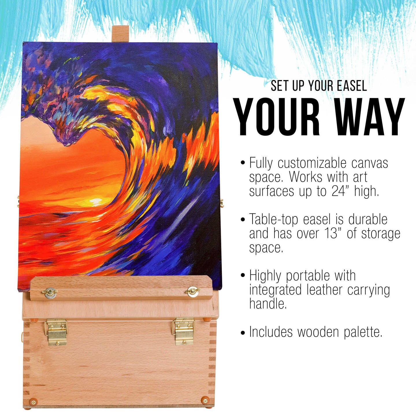 Extra Large 2 Drawer Adjustable Wood Sketchbox Easel with Storage - Portable Artist Desktop Easels for Drawing, Painting, Premium Beechwood - Table top Easel with Paint Palette, Case