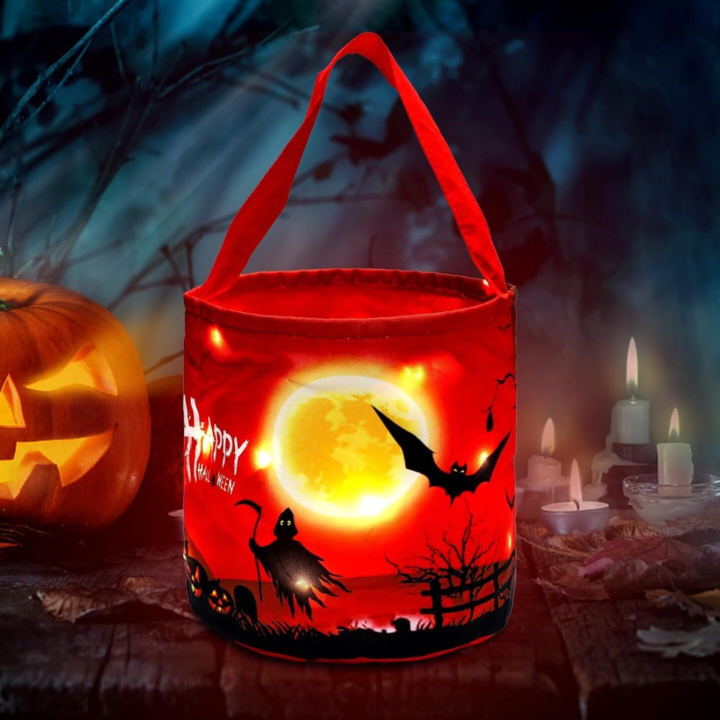 Trick or Treat Candy Bags Light Up Pumpkin Bucket (Red)