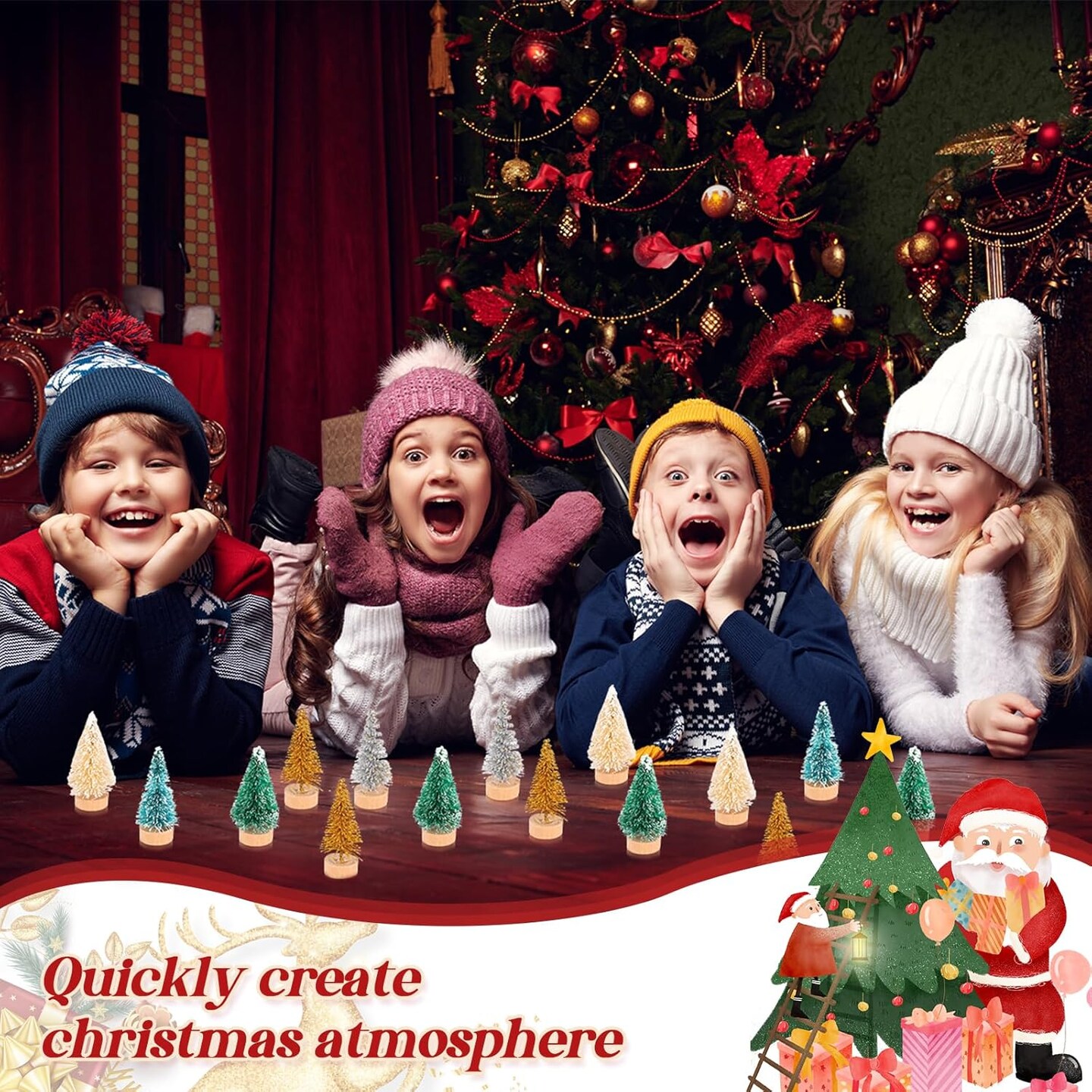 100 Pcs Mini Christmas Tree Artificial Sisal Trees with Wood Base Tabletop (Multiple Colors) 9.45"D x 7.09"W x 2.76"H