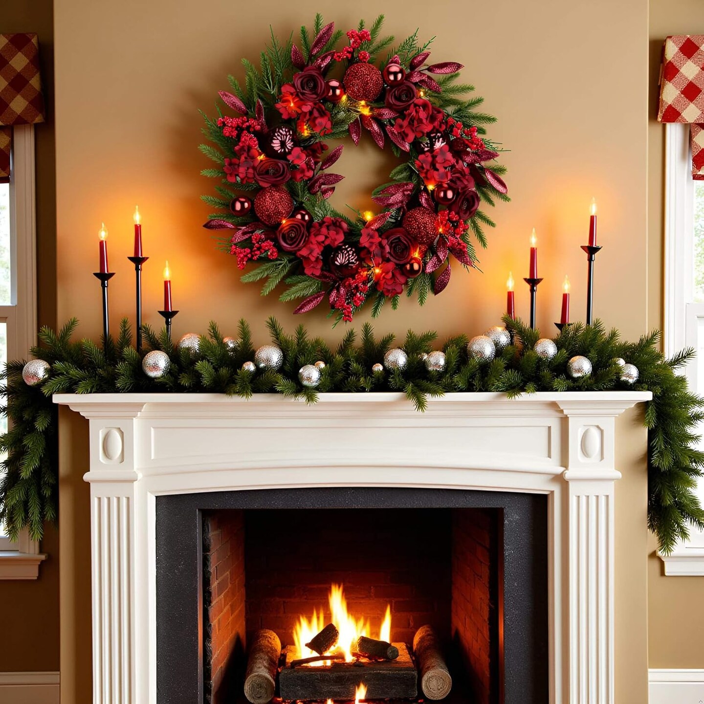 Lighted Christmas Wreath with Baubles, Berries, Leaves, Snowy Pine Needles (Red Hydrangea) 5&#x22;D x 24&#x22;W x 24&#x22;H