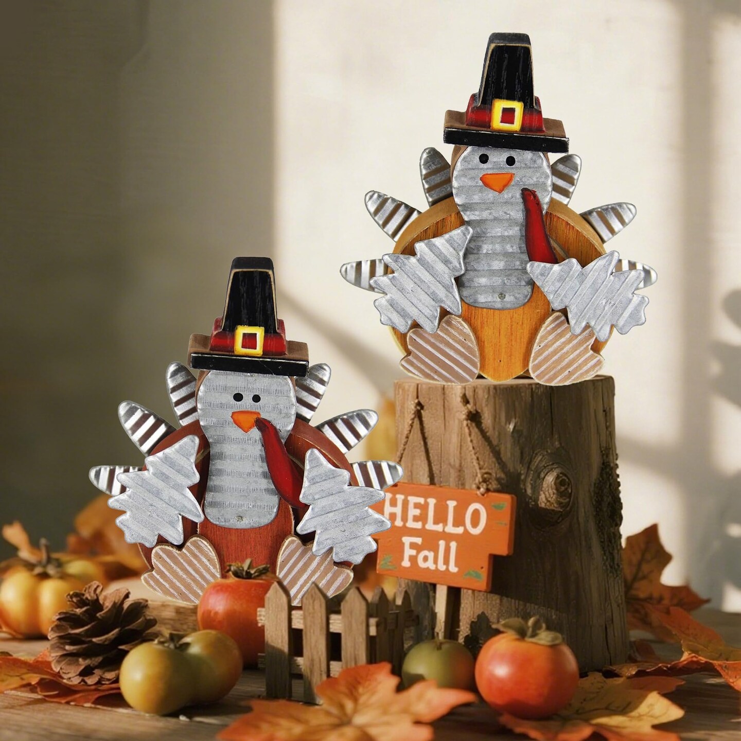 2 Pack Thanksgiving Turkey Decorations, Wooden Turkey Figurines Table Decor for Office Bedroom Kitchen, Indoor Harvest Fall Decorations for Home