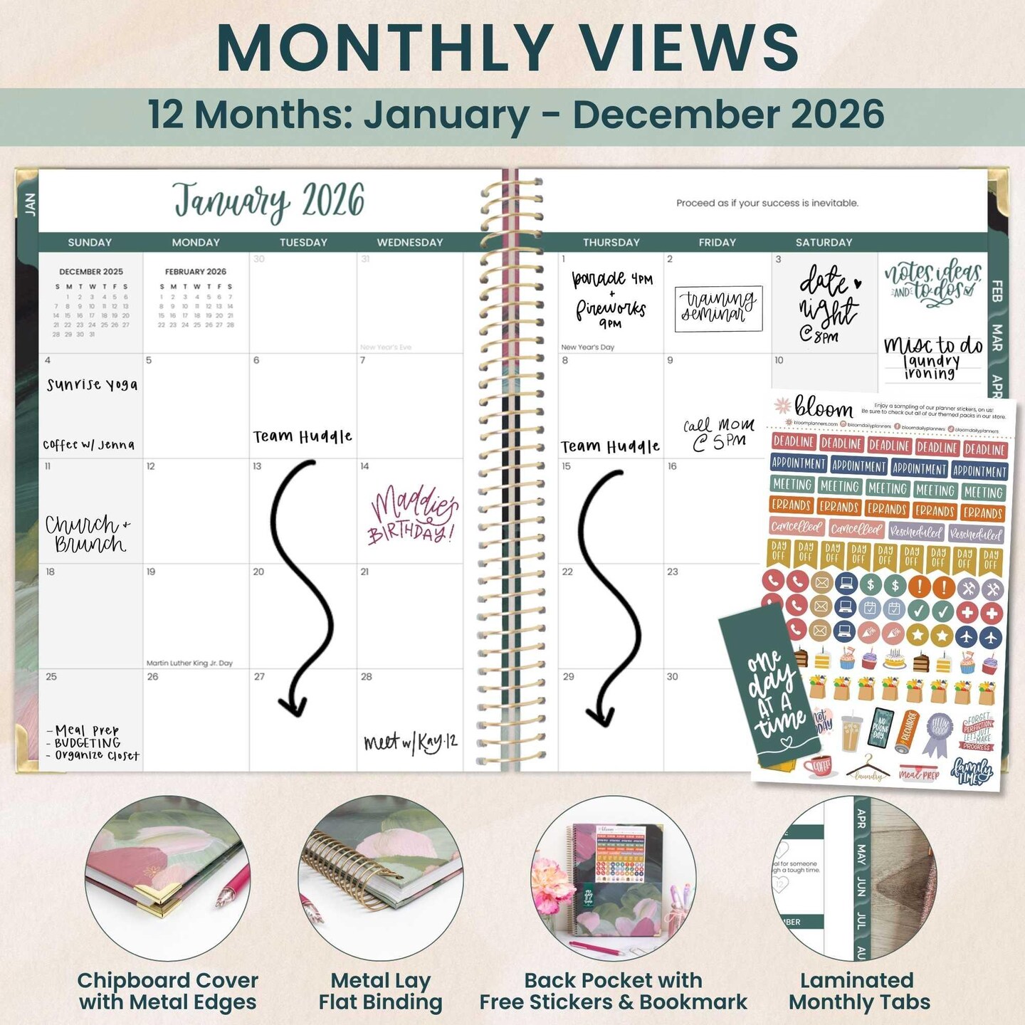 bloom daily planners 2026 Hard Cover Weekly & Monthly Planner, 8.5" x 11", Emerald Paint Strokes