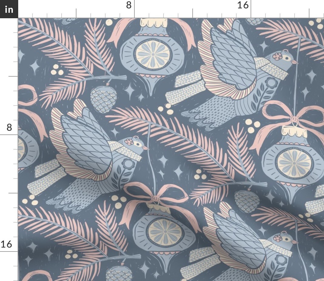 Winter Christmas Holidays Birds Christmas Ornaments Pinecones Trees Pine Branch Winter Bird Bows Yuletide Blue Scarf Retro Ornament Earmuffs Custom Printed Fabric by Spoonflower Various Fabrics by the Yard or Fat Quarter