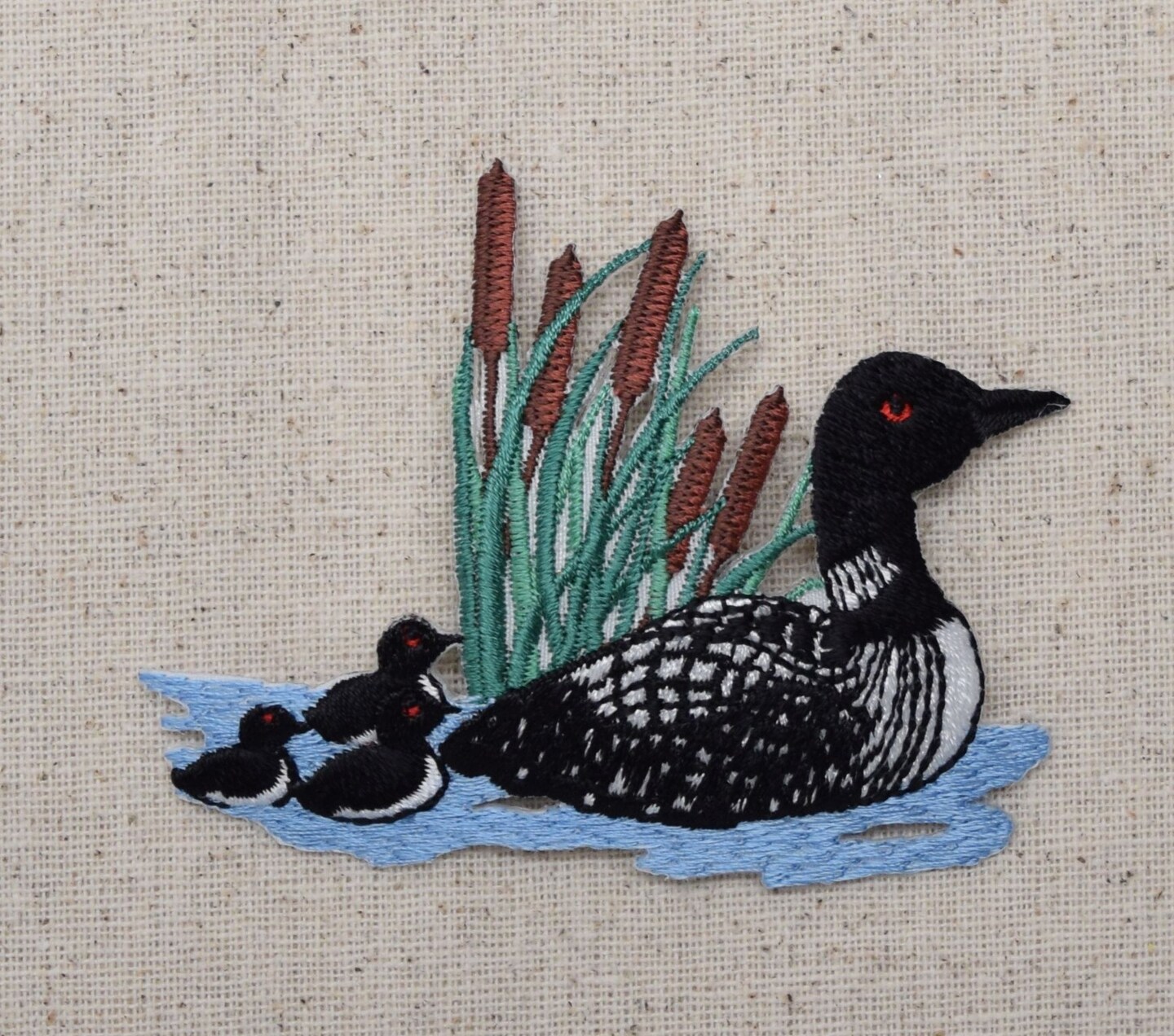 Divers Loon with Chicks and Cattails Embroidered, Iron on Patch