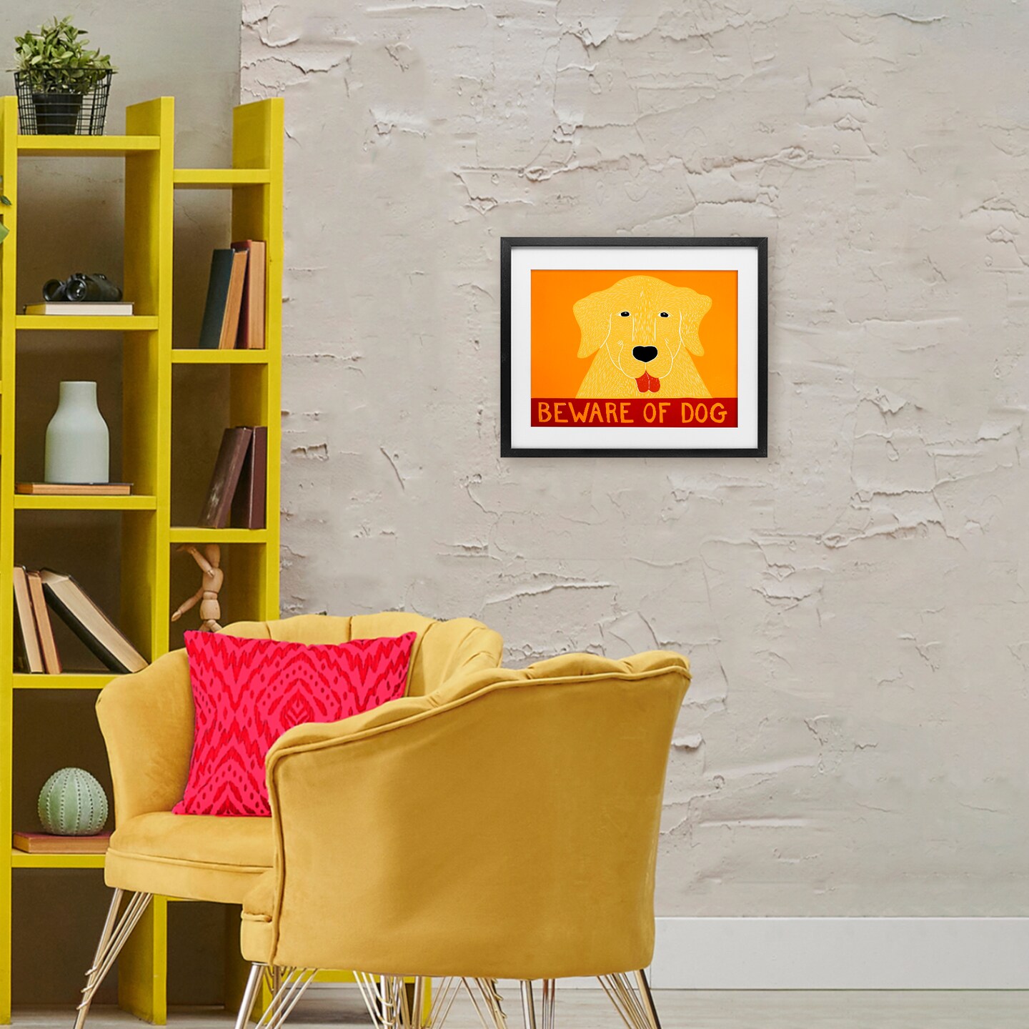 Stupell Industries Beware Of Dog Yellow & Red Framed Print Under Glass, design by Stephen Huneck