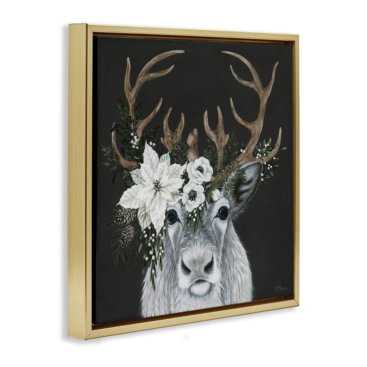 Stupell Industries Festive Reindeer with White Florals Floating Frame, design by Hollihocks Art