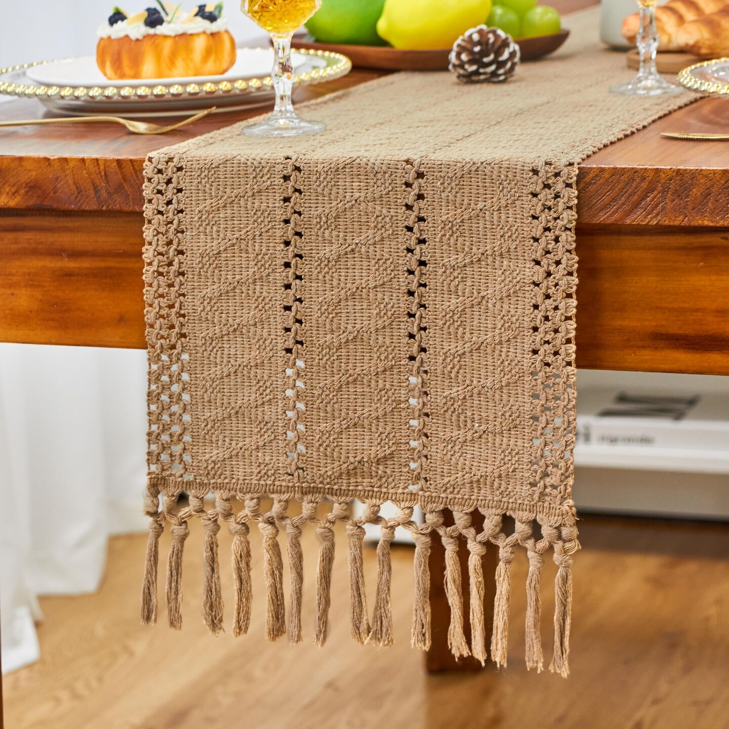 Brown Table Runner Boho Fall Burlap Coffee with Tassels 72 Inches Long for Farmhouse Home Decor Modern for Bohemian Dining Bedroom Decor Rustic Style
