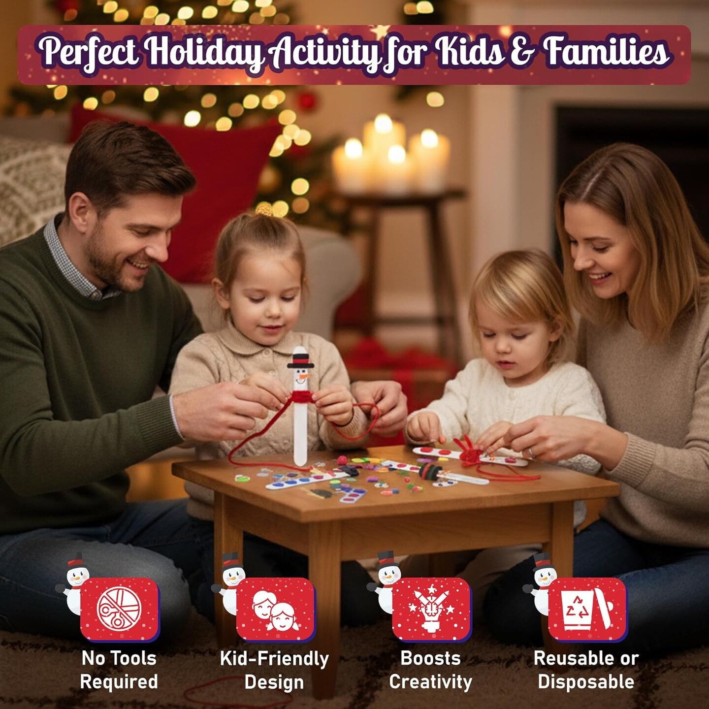 4E's Novelty Snowman Stick Ornament Craft Kit – 12 Pack DIY Foam Christmas Crafts for Kids Ages 3–12, Self-Adhesive Winter Art Project for Classroom, Parties & Tree Decorations