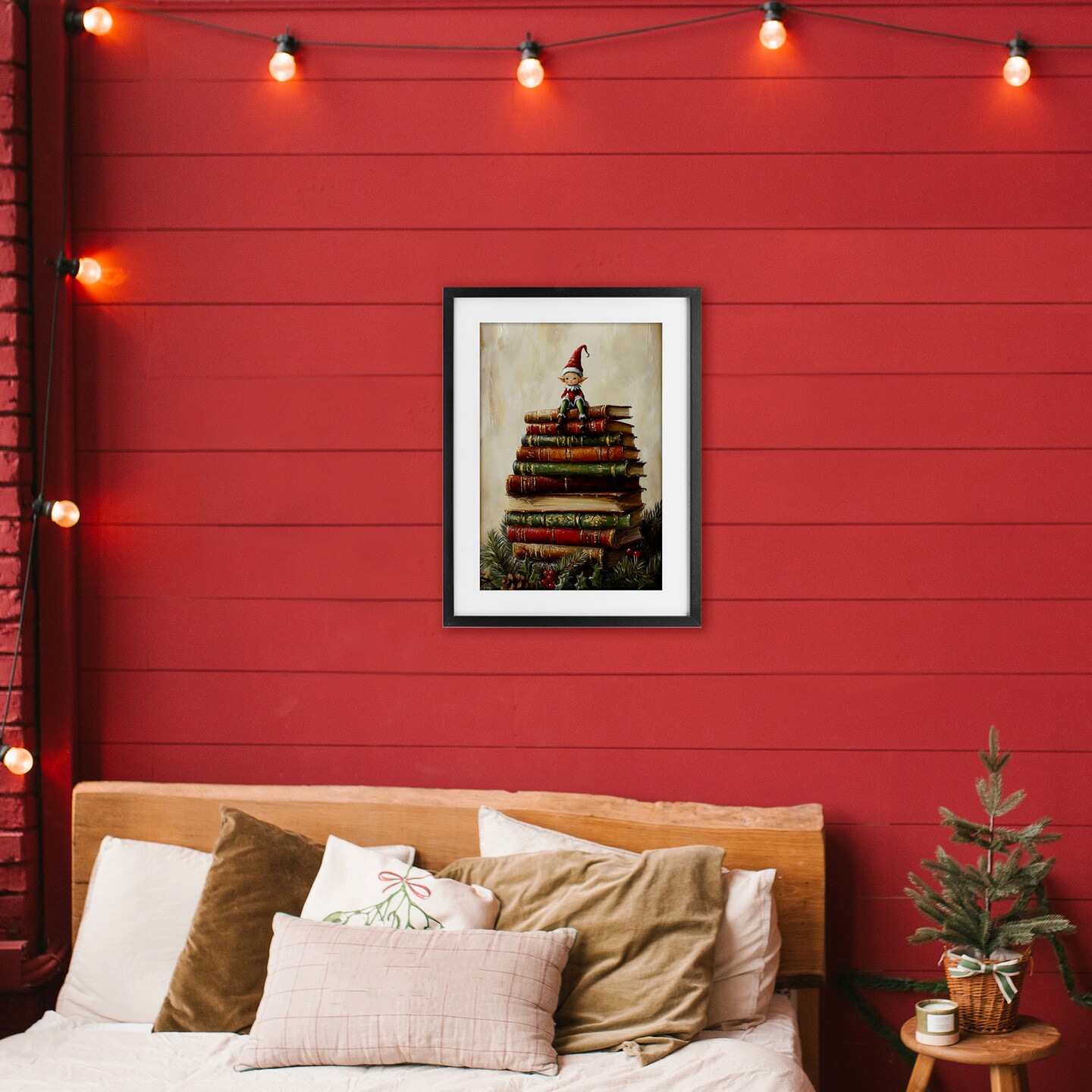 Stupell Industries Christmas Elf Bookstack Framed Print Under Glass, design by Petal Prints Design
