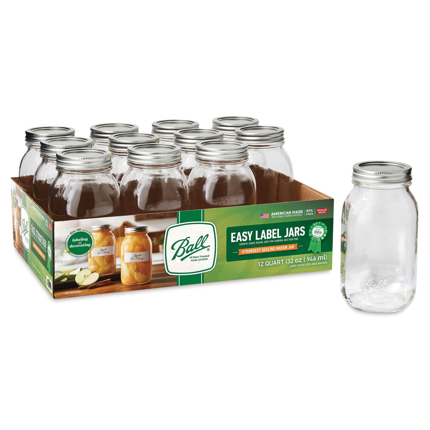Ball Easy-Label Smooth-Sided Mason Jars - 32 oz, Pkg of 12