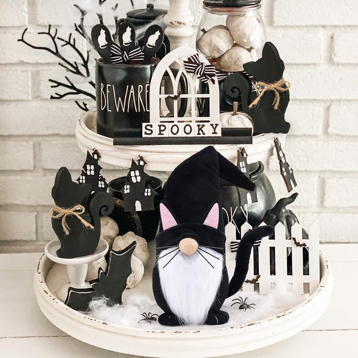 Black Cat Gnome Plush – 13.5" Handmade Scandinavian Tomte Figurine – Halloween & Christmas Farmhouse Decor – Perfect Gift for Women and Cat Lovers