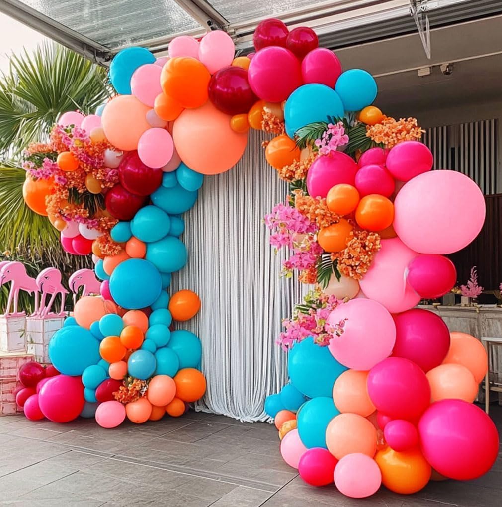 Hot Pink Blue Orange Balloon Garland Double Stuffed Teal Orange Pastel Pink Peach Latex Metallic Burgundy Balloon Arch Kit for Tropical Summer Hawaii Luau Flamingo Birthday Party Decoration