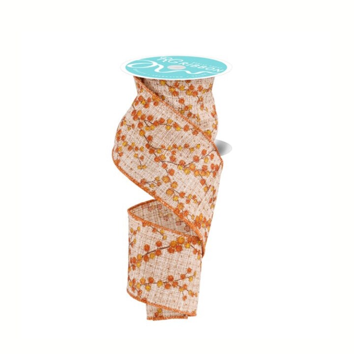 Fall Berry Branch Ribbon | 2.5&#x22;x10yd Wired Burlap Ribbon for Autumn Bows-RGF143618
