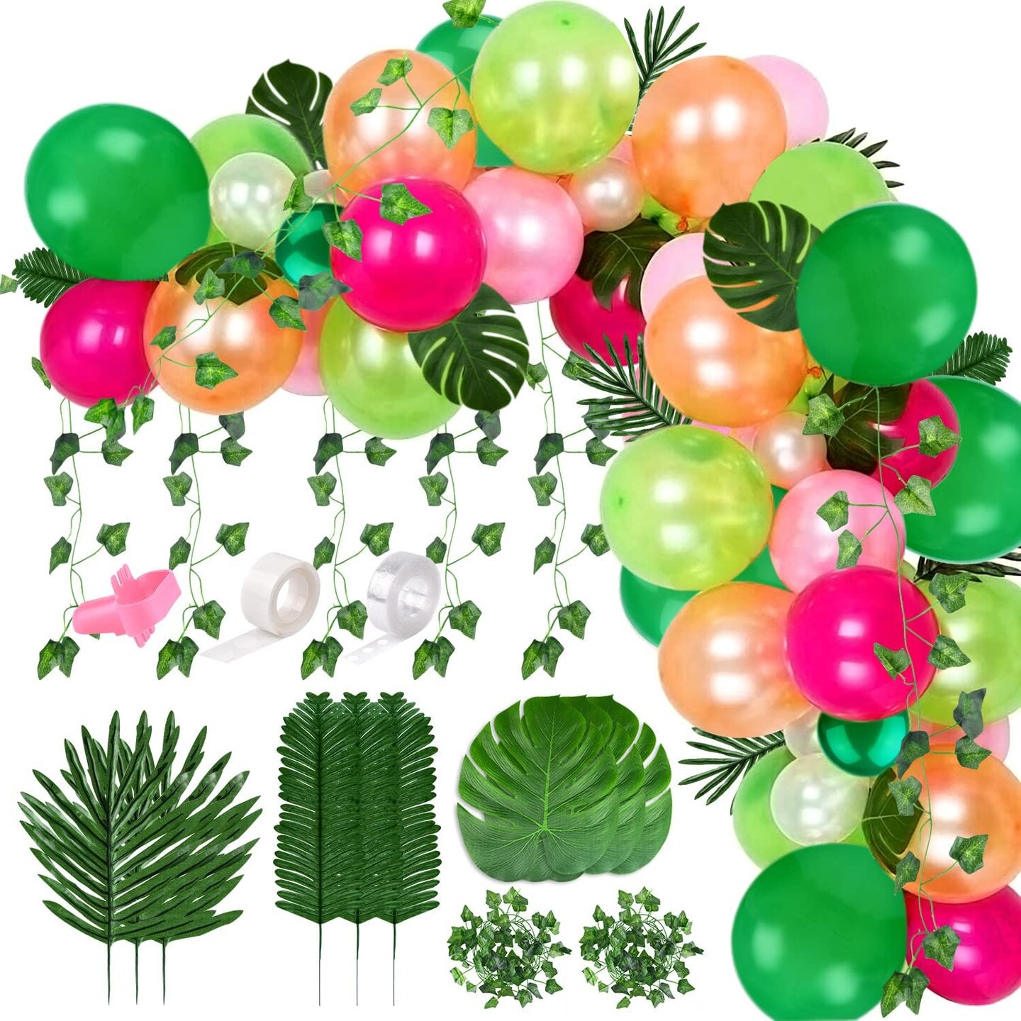 124 Pcs Tropical Balloons Garland Kit - Pink Green Balloon Arch With Palm Leaves, Tape Strip, Dot Glue and Tying Tool for Party Decor, Birthday Supplies