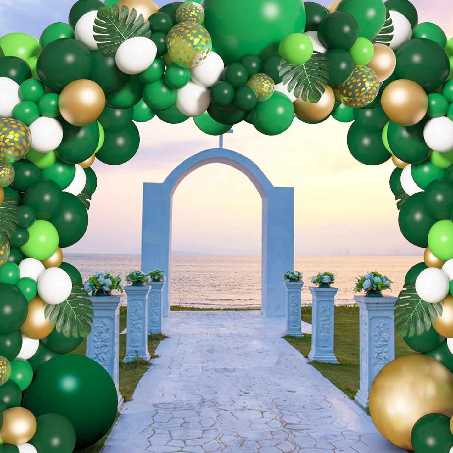 163Pcs Jungle Party Balloons Garland Arch Kit, Gold Green Balloons Dinosaur Party Decoration with Palm Leaves for Safari Animal Wild One Birthday Baby Shower St Patricks Day Party Supplies