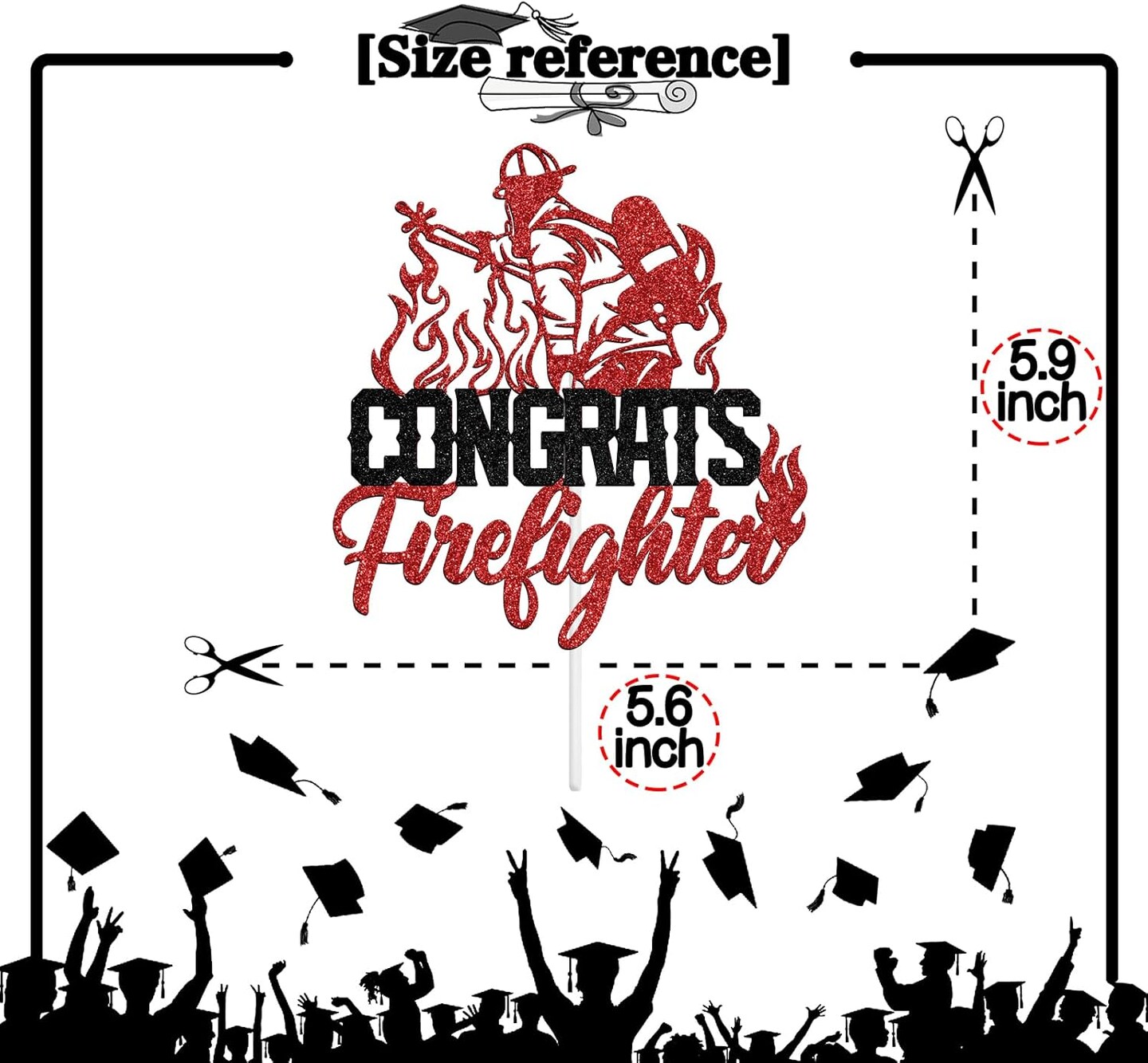 Congrats Firefighter Cake Topper, Class of 2025/Congrats Grad, Fire Department Graduation Party Decoration Supplies for Fireman, Black and Red Glitter