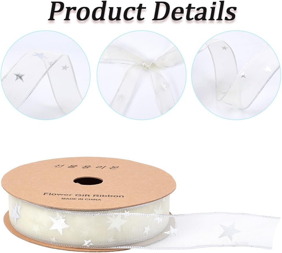 20 Yards 1 Inch White Star Ribbon Silver Stars Print Organza Sheer Transparent Chiffon Silk Sparkly Ribbons Bulk with Spool for Sewing Making Crafts Gift Wrapping Bouquets Home Decor Supply
