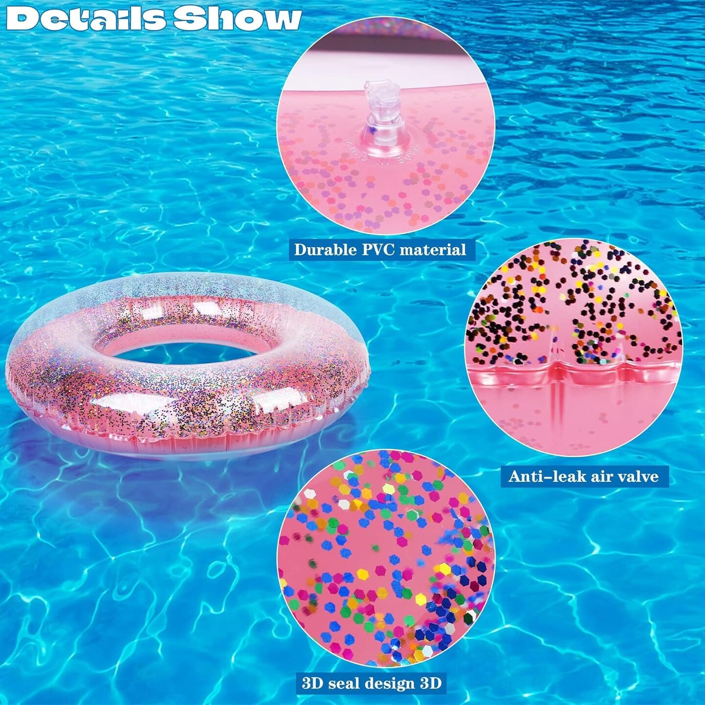 8 Pack Inflatable Glitters Pool Float Beach Balls Set 35 Inch Large Swim Ring Flotation Pool Floats Toy Inflatable Transparent Inner Tube Confetti Beach Balls for Swimming Pool, Beach