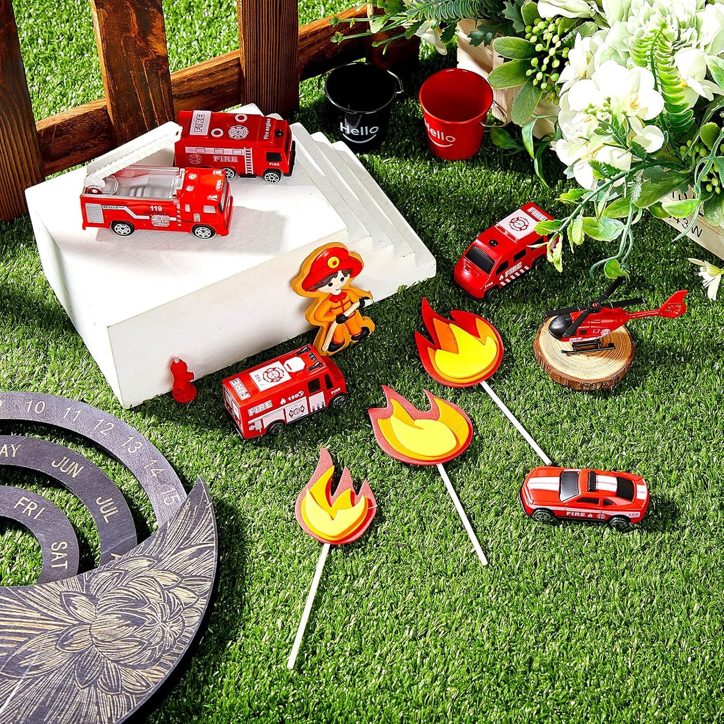 15 Pieces Fire Truck Cake Topper Fireman Cupcake Firetruck Birthday Decorations for Fireman Fire Trucks Birthday Party Cake Decoration Supplies