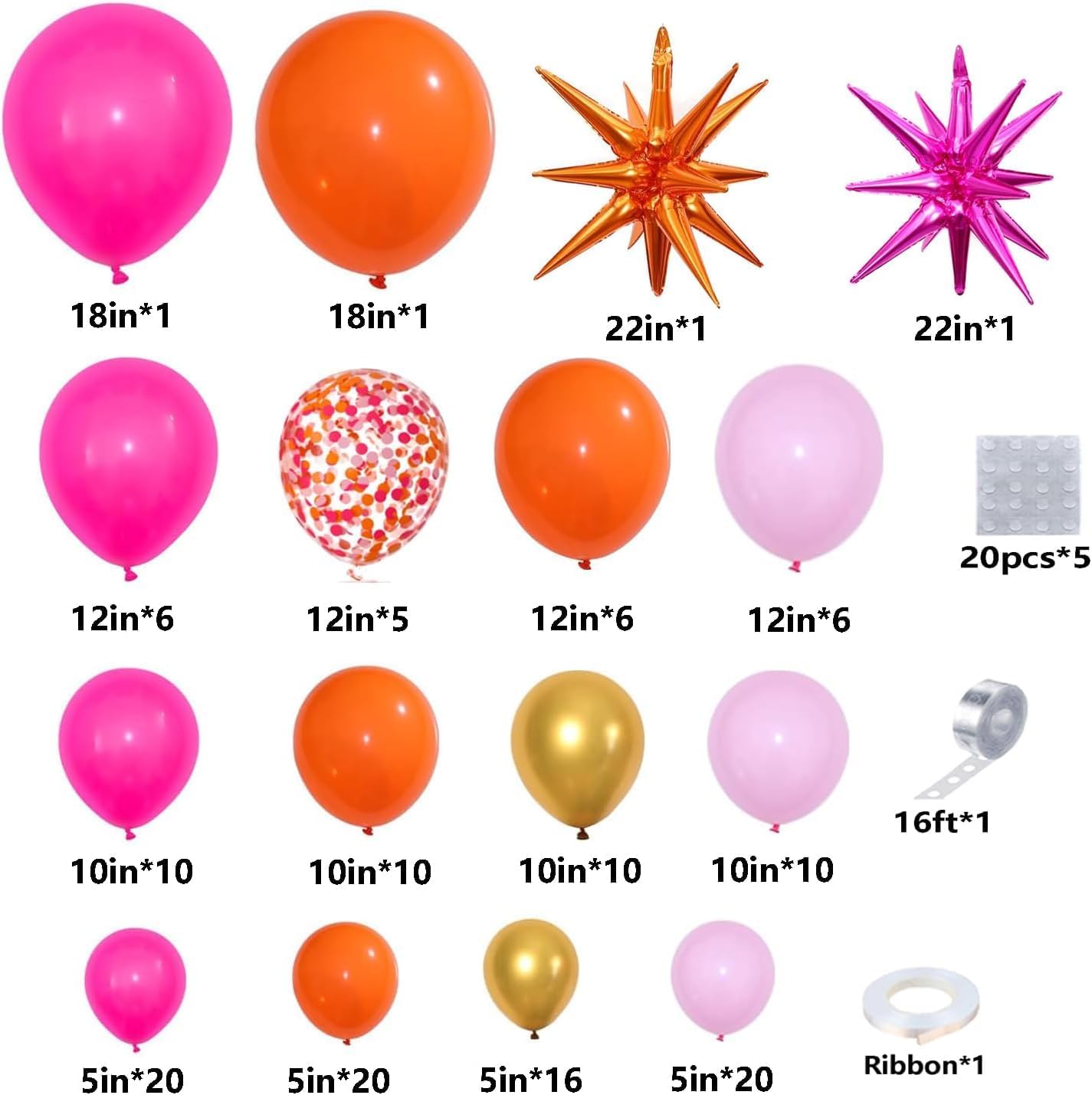 Pink Orange Balloon Garland Arch Kit, 146pcs Hot Pink Orange Metallic Gold Latex Balloons with Hot Pink and Orange Exploding Star Foil Balloons for Birthday Summer Tropical Wedding Party Decorations