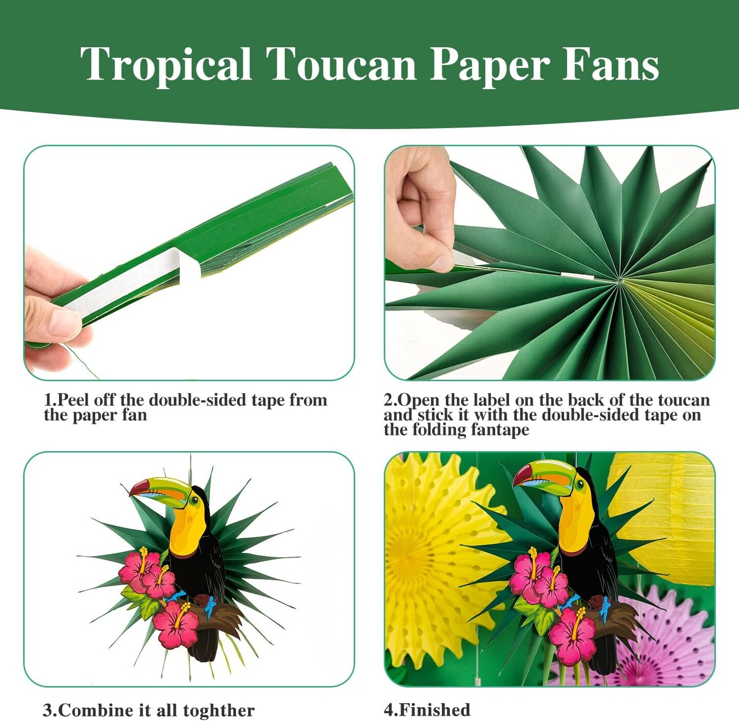 Toucan Luau Decorations,Tiki Party Decorations,Tropical Garland Bird Kit for Summer,Palm Tree Decor,Hawaiian Jungle Themed Party Decors with Paper Palm Leaves, Paper Fan Lanterns