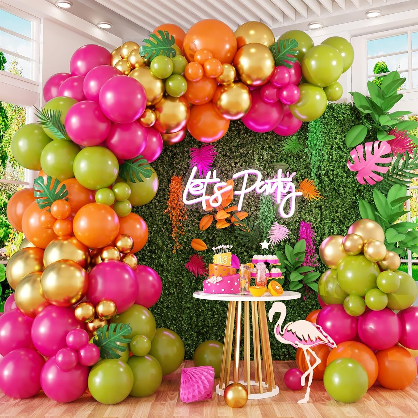 Tropical Hawaiian Balloons Arch Garland Kit, Olive Green and Hot Pink Orange Gold Balloons for Kids Hawaii Summer Beach Luau Aloha Pool Birthday Flamingo Baby Shower Party Decorations Supplies