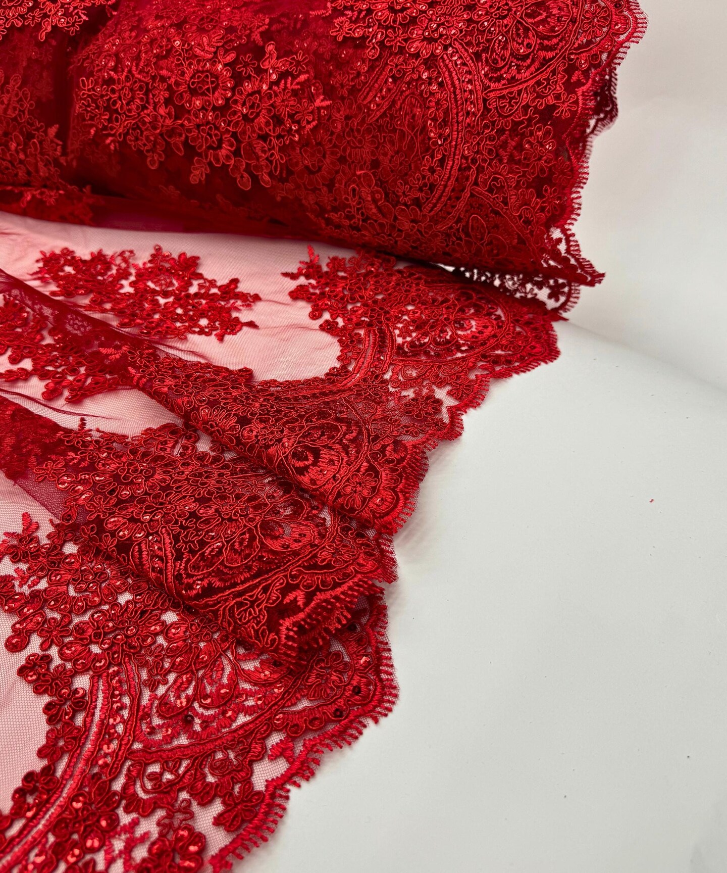 Red Sequin Embroidered Lace Fabric by the Yard, 54" Wide Floral Mesh Lace with Double Scalloped Edges