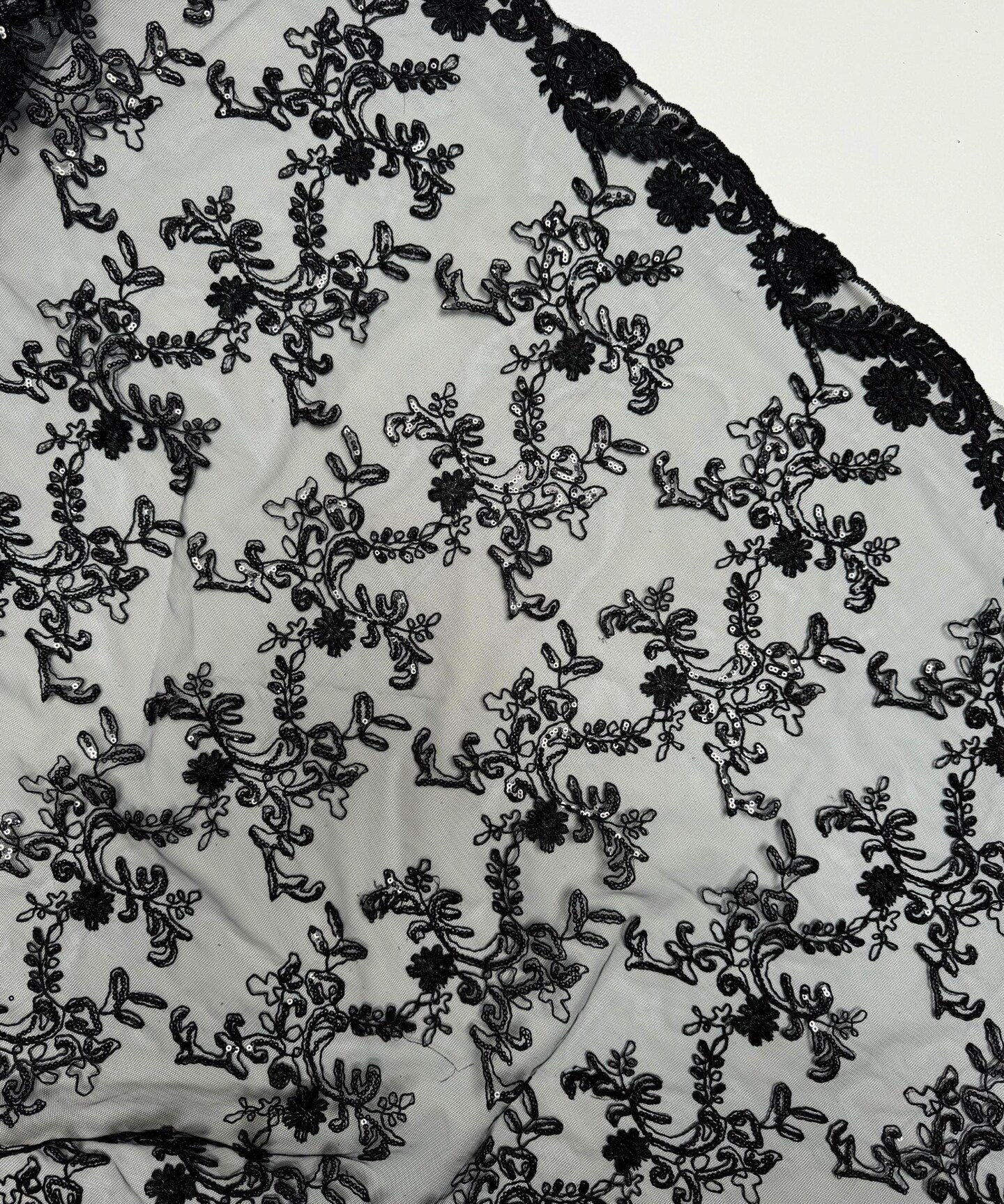 Black Sequin Embroidered Lace Fabric by the Yard, 54" Wide Floral Mesh Lace with Double Scalloped Edges